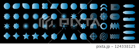 Set of led electric laser blue neon light figures, Glowing fluorescent postmodern geometric graphic shapes, abstract elements in brutalism aesthetics, Bright illuminated futuristic shape 124338125