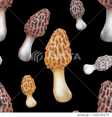 Seamless pattern of realistic watercolor Yellow Morrel mushrooms Seamless pattern of realistic watercolor Yellow Morrel mushrooms 124338175
