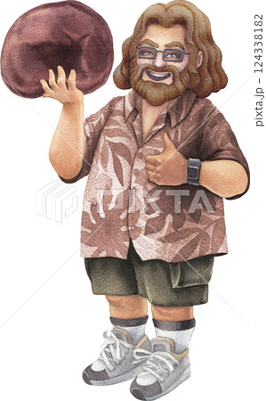 A cheerful bearded man in a Hawaiian shirt holds Wood Ear mushroom, smiling and giving a thumbs-up 124338182