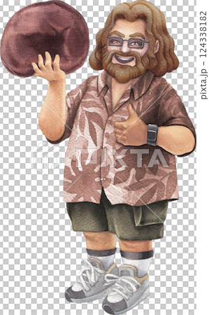 A cheerful bearded man in a Hawaiian shirt holds Wood Ear mushroom, smiling and giving a thumbs-up 124338182