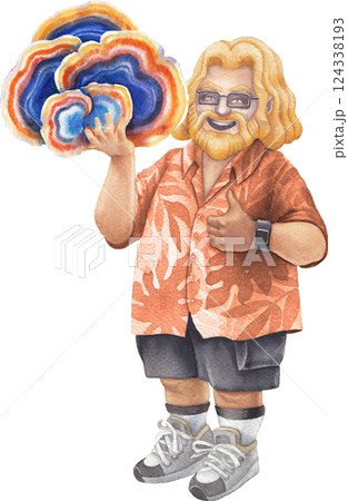 Watercolor man in a Hawaiian shirt holds a Turkey Tail mushroom, smiling and giving a thumbs-up 124338193
