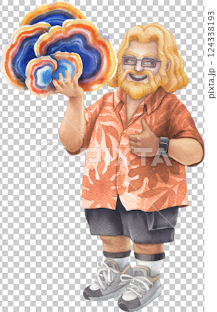 Watercolor man in a Hawaiian shirt holds a Turkey Tail mushroom, smiling and giving a thumbs-up 124338193