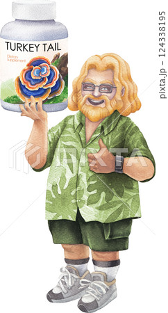 Watercolor man in a Hawaiian shirt holds a bottle of Turkey Tail mushroom supplements, smiling and giving a thumbs-up Watercolor man in a Hawaiian shirt holds a bottle of Turkey Tail mushroom supplements, smiling and giving a thumbs-up 124338195