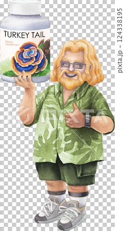 Watercolor man in a Hawaiian shirt holds a bottle of Turkey Tail mushroom supplements, smiling and giving a thumbs-up Watercolor man in a Hawaiian shirt holds a bottle of Turkey Tail mushroom supplements, smiling and giving a thumbs-up 124338195