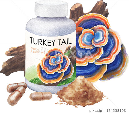 Watercolor plastic bottle of Turkey Tail supplement decorated with mushroom, log, pills and powder. 124338198