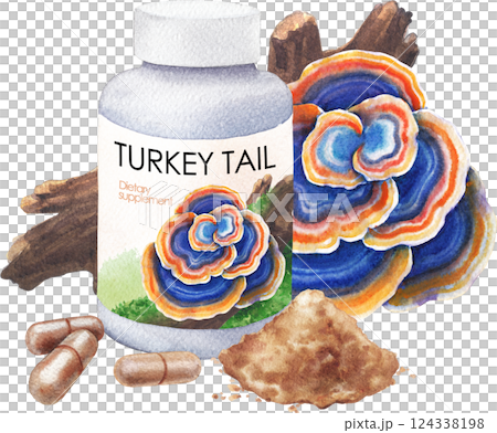 Watercolor plastic bottle of Turkey Tail supplement decorated with mushroom, log, pills and powder. 124338198