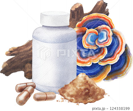 Watercolor plastic bottle of Turkey Tail supplement decorated with mushroom, log, pills and powder. 124338199