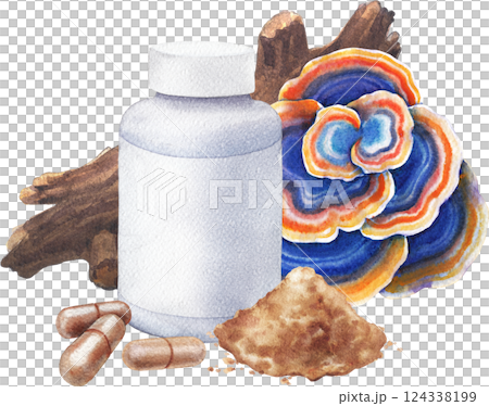 Watercolor plastic bottle of Turkey Tail supplement decorated with mushroom, log, pills and powder. 124338199
