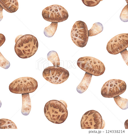 Seamless pattern of Realistic watercolor Shiitake mushrooms 124338214