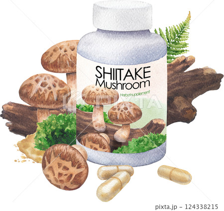 Watercolor bottle of Shiitake supplements decorated with mushrooms, fern leaf, moss, pills and powder 124338215
