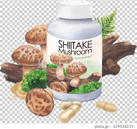 Watercolor bottle of Shiitake supplements decorated with mushrooms, fern leaf, moss, pills and powder 124338215