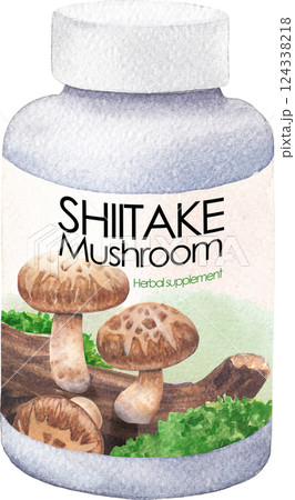 Realistic watercolor plastic bottle of Shiitake mushroom supplements, isolated on a white background 124338218