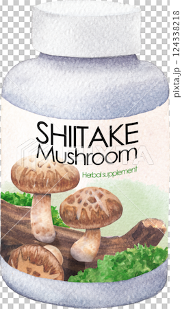 Realistic watercolor plastic bottle of Shiitake mushroom supplements, isolated on a white background 124338218