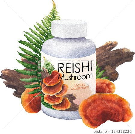 Realistic watercolor plastic bottle of Reishi supplement decorated with mushrooms, log and fern leaves. Realistic watercolor plastic bottle of Reishi supplement decorated with mushrooms, log and fern leaves. 124338226