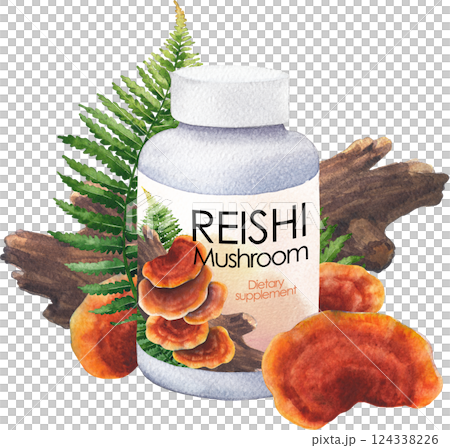 Realistic watercolor plastic bottle of Reishi supplement decorated with mushrooms, log and fern leaves. Realistic watercolor plastic bottle of Reishi supplement decorated with mushrooms, log and fern leaves. 124338226