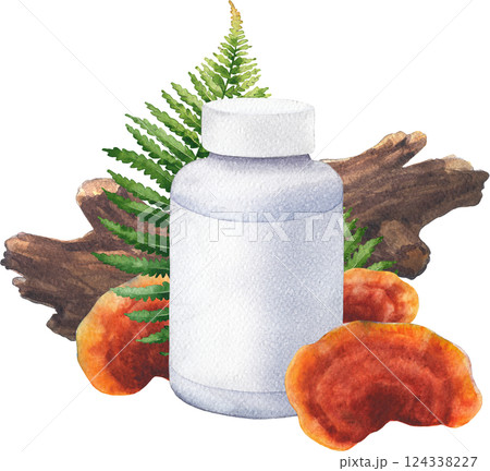 Realistic watercolor plastic bottle of Reishi supplement decorated with mushrooms, log and fern leaves. Realistic watercolor plastic bottle of Reishi supplement decorated with mushrooms, log and fern leaves. 124338227