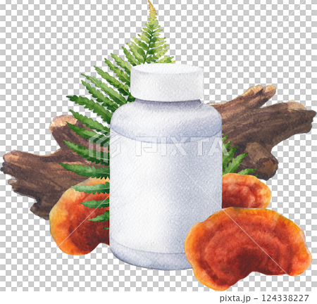 Realistic watercolor plastic bottle of Reishi supplement decorated with mushrooms, log and fern leaves. Realistic watercolor plastic bottle of Reishi supplement decorated with mushrooms, log and fern leaves. 124338227