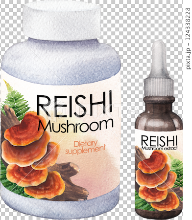Realistic watercolor plastic and glass bottles of a Reishi mushroom supplements and extract Realistic watercolor plastic and glass bottles of a Reishi mushroom supplements and extract 124338228