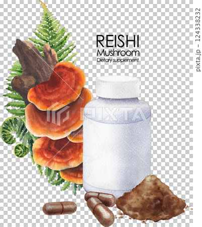 Watercolor plastic bottle of a Reishi supplement decorated with mushrooms on a log, fern leaves, pills and powder. 124338232