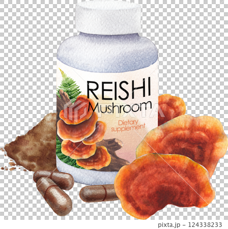 Realistic watercolor plastic bottle of a Reishi mushroom supplement with pills and powder. Realistic watercolor plastic bottle of a Reishi mushroom supplement with pills and powder. 124338233