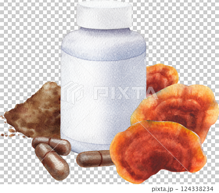 Realistic watercolor plastic bottle of a Reishi mushroom supplement with pills and powde 124338234