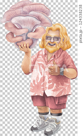 A cheerful bearded man in a Hawaiian shirt holds a large Oyster mushroom, smiling and giving a thumbs-up 124338238