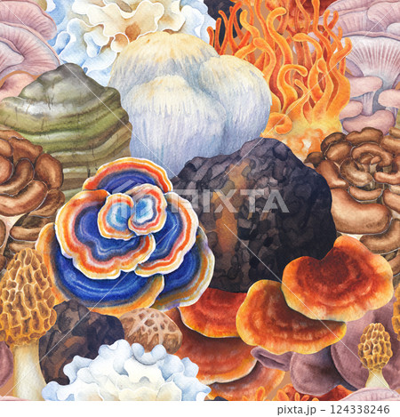 Watercolor seamless pattern of a various medicinal mushrooms 124338246