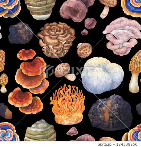 Watercolor seamless pattern of a various medicinal mushrooms Watercolor seamless pattern of a various medicinal mushrooms 124338250