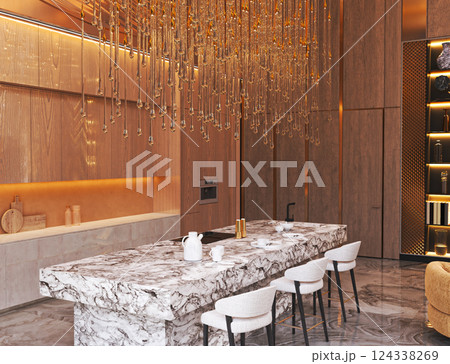 Elegant marble kitchen with gold chandelier 124338269
