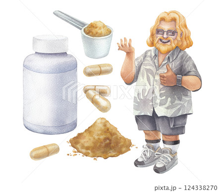 Watercolor collection of a bearded man in a Hawaiian shirt, supplement plastic bottle, pills and powder. 124338270