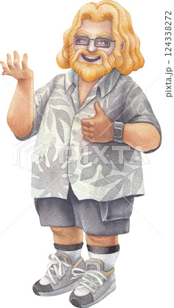 A cheerful bearded Watercolor man in a Hawaiian shirt holds something in his hand, smiling and giving a thumbs-up 124338272