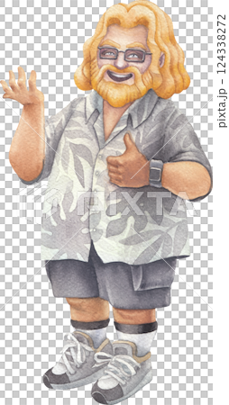 A cheerful bearded Watercolor man in a Hawaiian shirt holds something in his hand, smiling and giving a thumbs-up 124338272