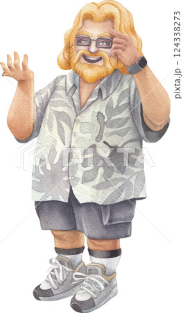 A cheerful bearded watercolor man in a Hawaiian shirt holds something in his hand, smiling and pointing on his head. A cheerful bearded watercolor man in a Hawaiian shirt holds something in his hand, smiling and pointing on his head. 124338273