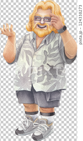 A cheerful bearded watercolor man in a Hawaiian shirt holds something in his hand, smiling and pointing on his head. A cheerful bearded watercolor man in a Hawaiian shirt holds something in his hand, smiling and pointing on his head. 124338273