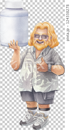 A cheerful bearded man in a Hawaiian shirt holds a large bottle of vitamins, smiling and giving a thumbs-up 124338278