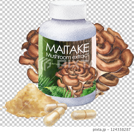 Watercolor plastic bottle of a Maitake supplement decorated with mushrooms, pills and powder 124338287