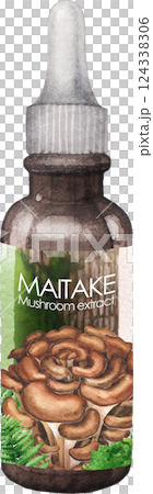 Realistic watercolor glass bottle of an Maitake mushroom extract isolated on a white background Realistic watercolor glass bottle of an Maitake mushroom extract isolated on a white background 124338306