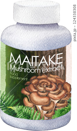 Realistic watercolor plastic bottle of an Maitake mushroom supplement isolated on a black background Realistic watercolor plastic bottle of an Maitake mushroom supplement isolated on a black background 124338308