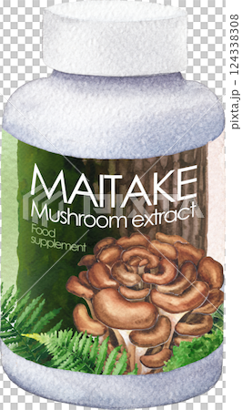 Realistic watercolor plastic bottle of an Maitake mushroom supplement isolated on a black background Realistic watercolor plastic bottle of an Maitake mushroom supplement isolated on a black background 124338308