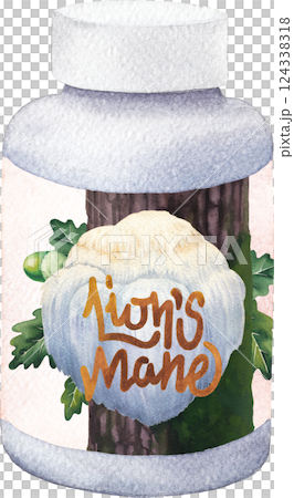 Realistic watercolor plastic bottle of a Lion's Mane mushroom supplement isolated on a black background 124338318