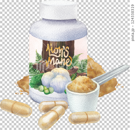 Realistic watercolor plastic bottle of a Lion's Mane mushroom supplement with pills and powder. 124338319