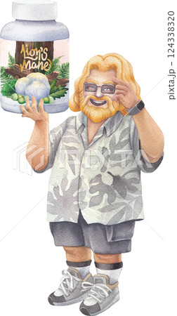 Watercolor bearded man in a Hawaiian shirt holds a large bottle of Lion's Mane mushroom supplements 124338320