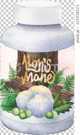 Realistic watercolor plastic bottle of a Lion's Mane mushroom supplement isolated on a white background 124338321
