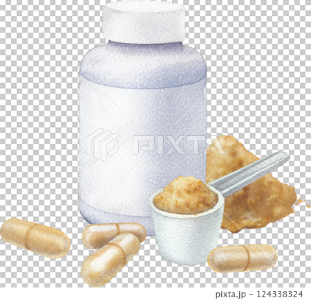 Realistic watercolor plastic supplement bottle decorated with pills and powder 124338324