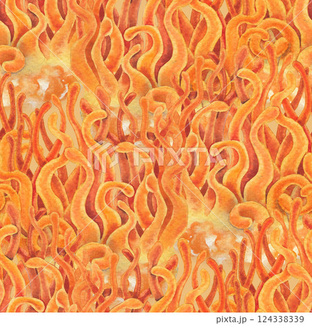 Seamless pattern of a realistic watercolor Cordyceps mushrooms 124338339