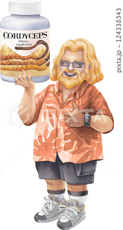Watercolor man in a Hawaiian shirt holds a bottle of Cordyceps mushroom supplement, smiling and giving a thumbs-up 124338343