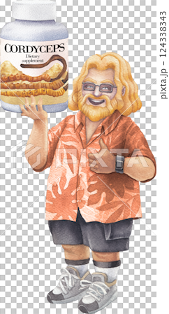 Watercolor man in a Hawaiian shirt holds a bottle of Cordyceps mushroom supplement, smiling and giving a thumbs-up 124338343