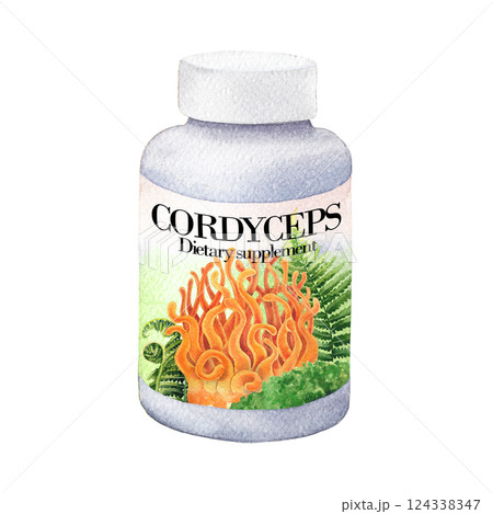 Realistic watercolor plastic bottle of a Cordyceps mushroom supplement isolated on a white background 124338347