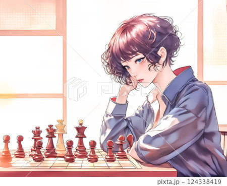 チェスで勝負をする若い女性のイラスト素材 チェスで勝負をする若い女性のイラスト素材 124338419