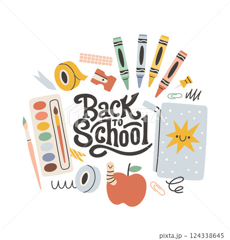 Back to school label. School Background Poster Card. Sale tag. Flat vector illustration. Hand drawn lettering badge. Typography emblem Back to school label. School Background Poster Card. Sale tag. Flat vector illustration. Hand drawn lettering badge. Typography emblem 124338645